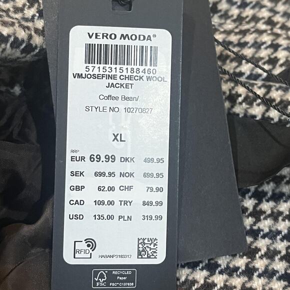 Vero Moda Jacket Womens XL Brown Houndstooth VMJosefine Check Wool Blazer Coat - Picture 14 of 16